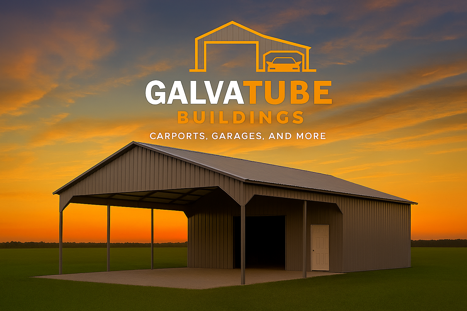 barn with galvatube logo at sunset