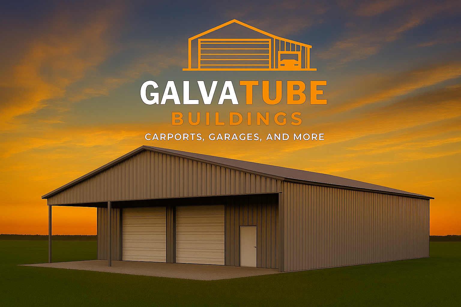 warehouse with galvatube logo at the sunset